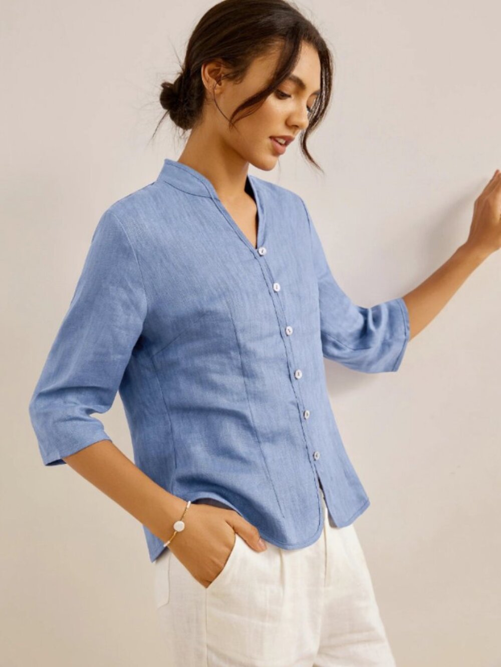 Lintico 100% linen hand button fitted jacket blouse blue size large lagenlook